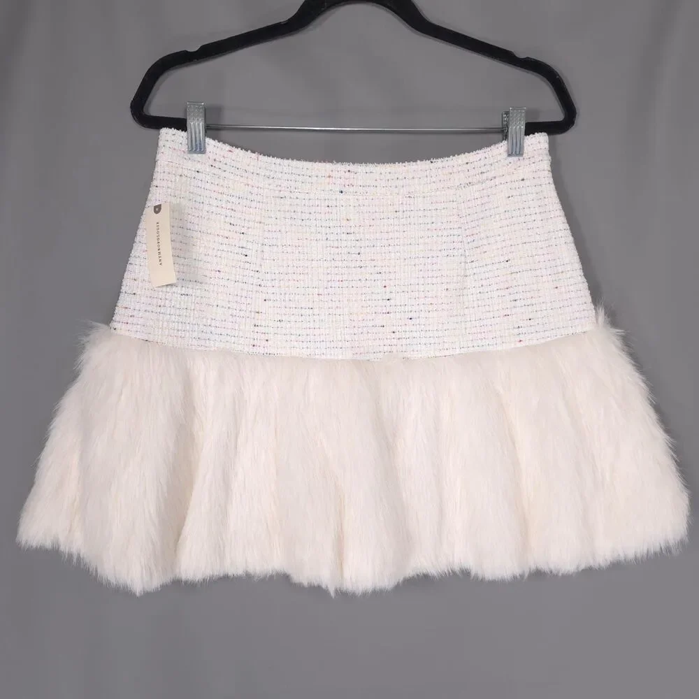 ANTHROPOLOGIE‎ MAEVE New Women’s Twofer Faux Fur Mini Skort 12 Ivory Drop Waist
